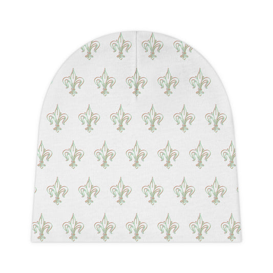 Gold Fleur-de-Lis Baby Beanie — Elegant Newborn Hat, Classic Pattern