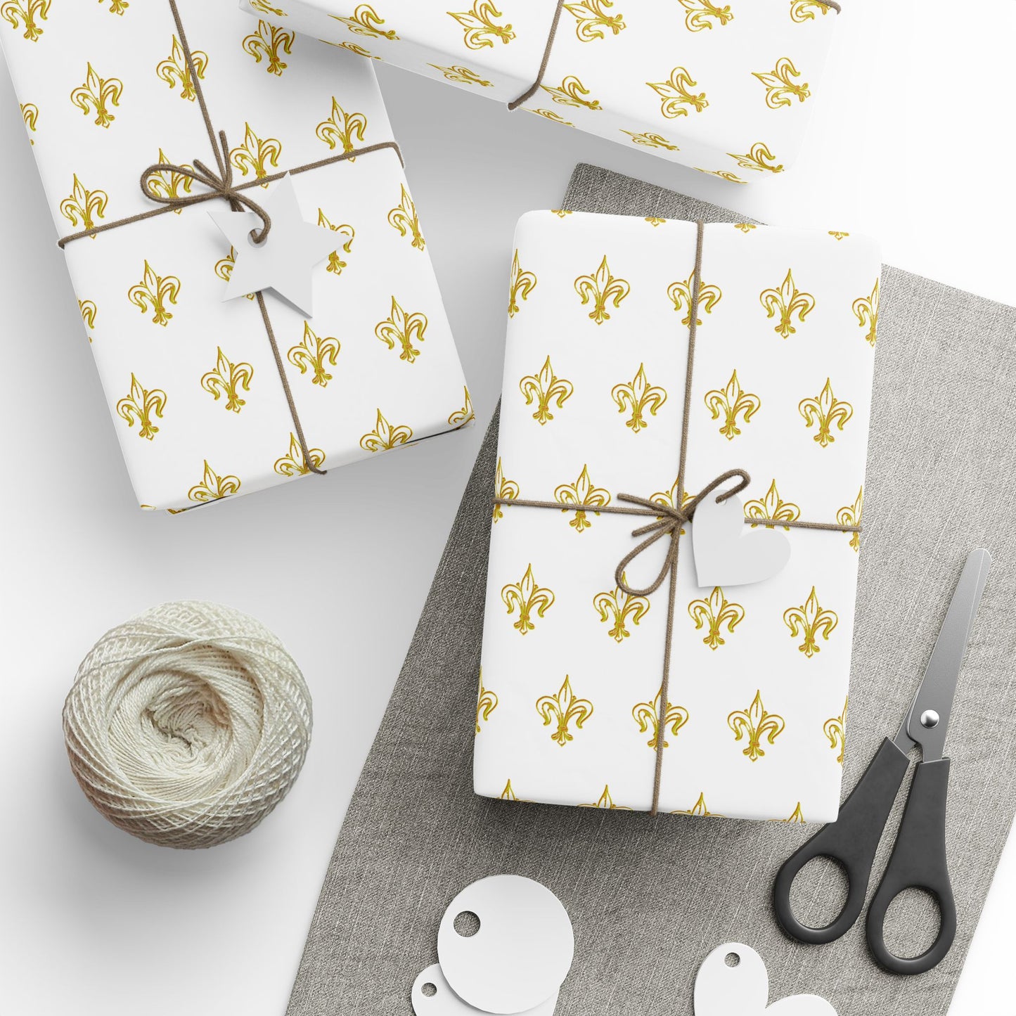 White & Gold Festive Red & Gold Fluer-de-lis Pattern Holiday Gift Wrapping Paper