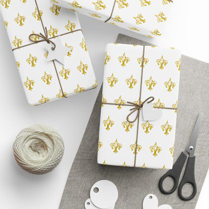 White & Gold Festive Red & Gold Fluer-de-lis Pattern Holiday Gift Wrapping Paper