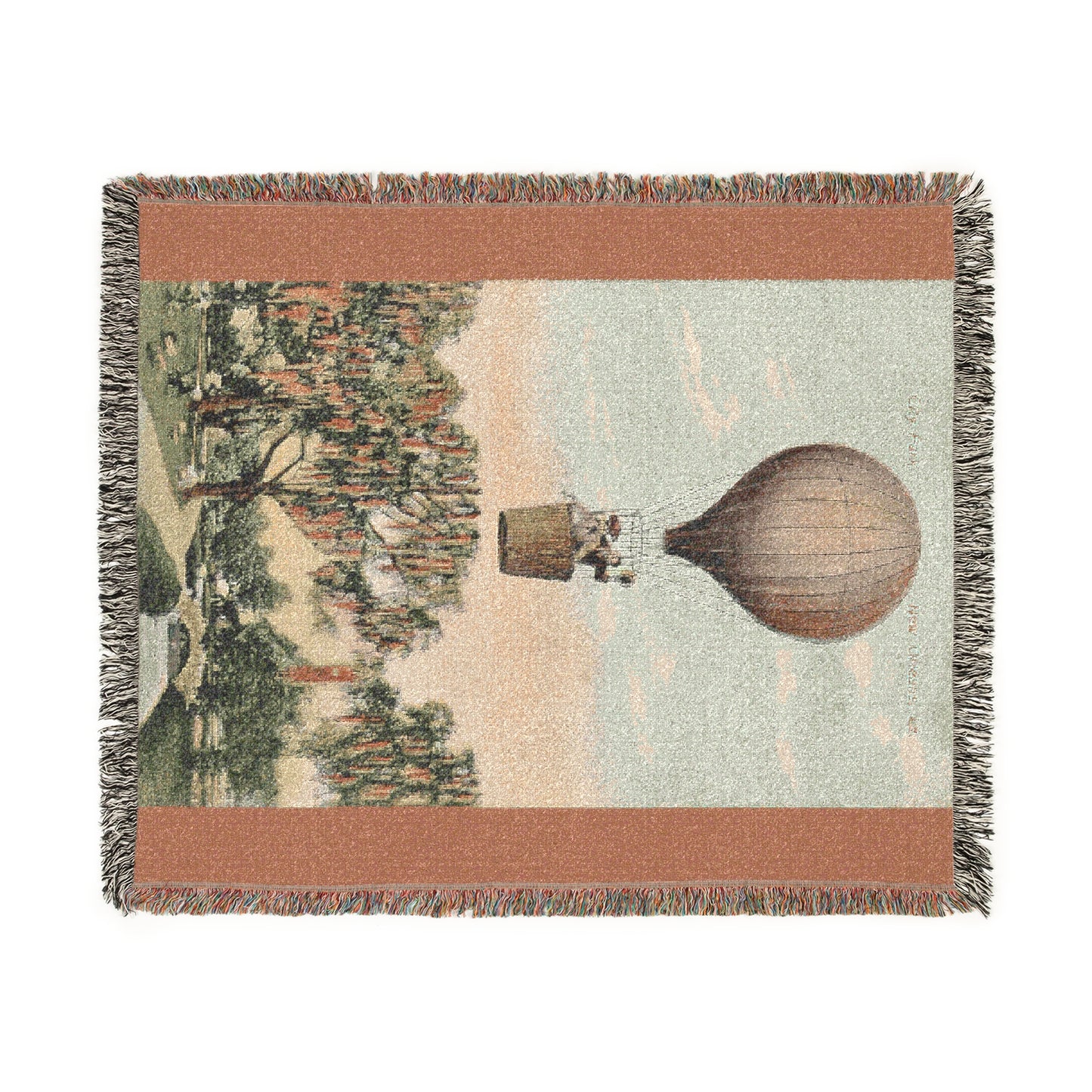 Hot Air Balloon Woven Blanket — Vintage Travel Tapestry Throw