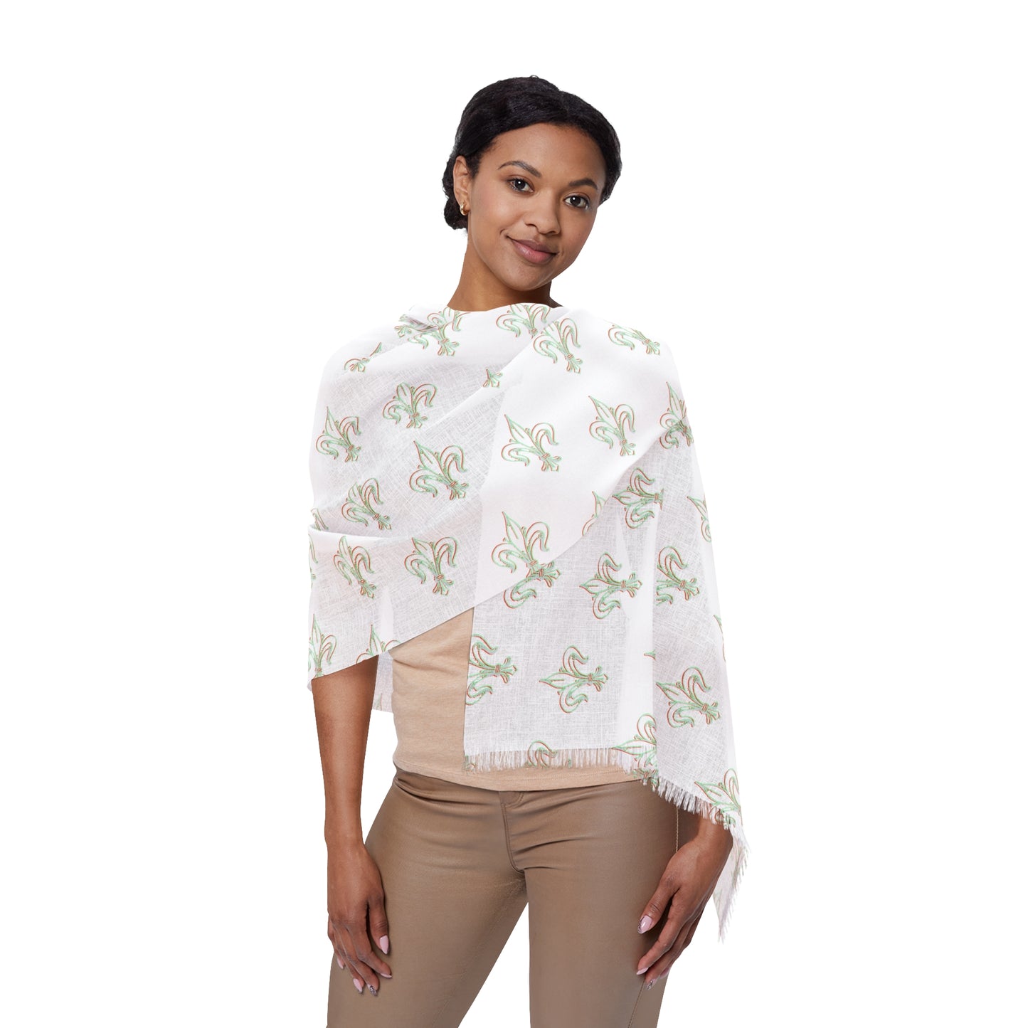 Lightweight White Scarf with Subtle Green Floral Print – Soft Summer Wrap