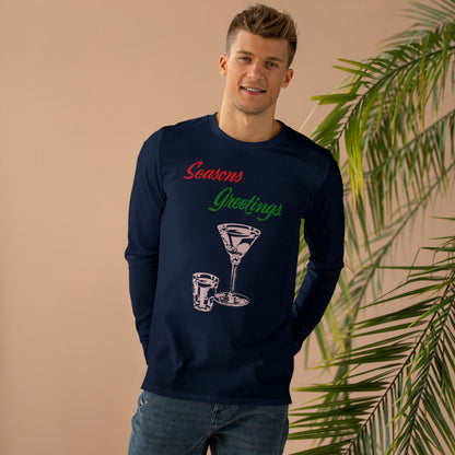 Men’s Long Sleeve Tee — "Seasons Greetings" Cocktail Holiday Shirt