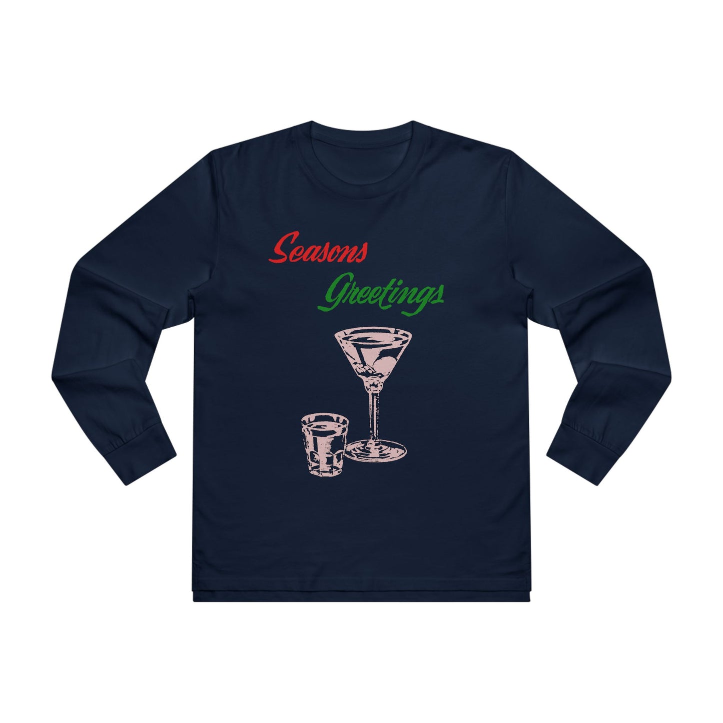 Men’s Long Sleeve Tee — "Seasons Greetings" Cocktail Holiday Shirt