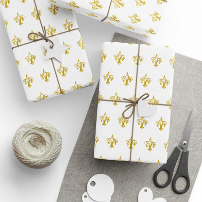 White & Gold Festive Red & Gold Fluer-de-lis Pattern Holiday Gift Wrapping Paper