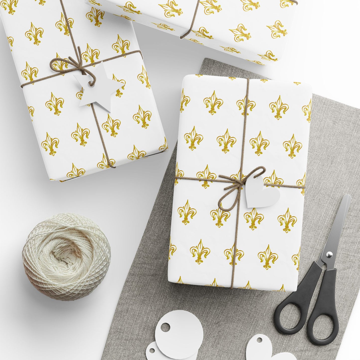 White & Gold Festive Red & Gold Fluer-de-lis Pattern Holiday Gift Wrapping Paper