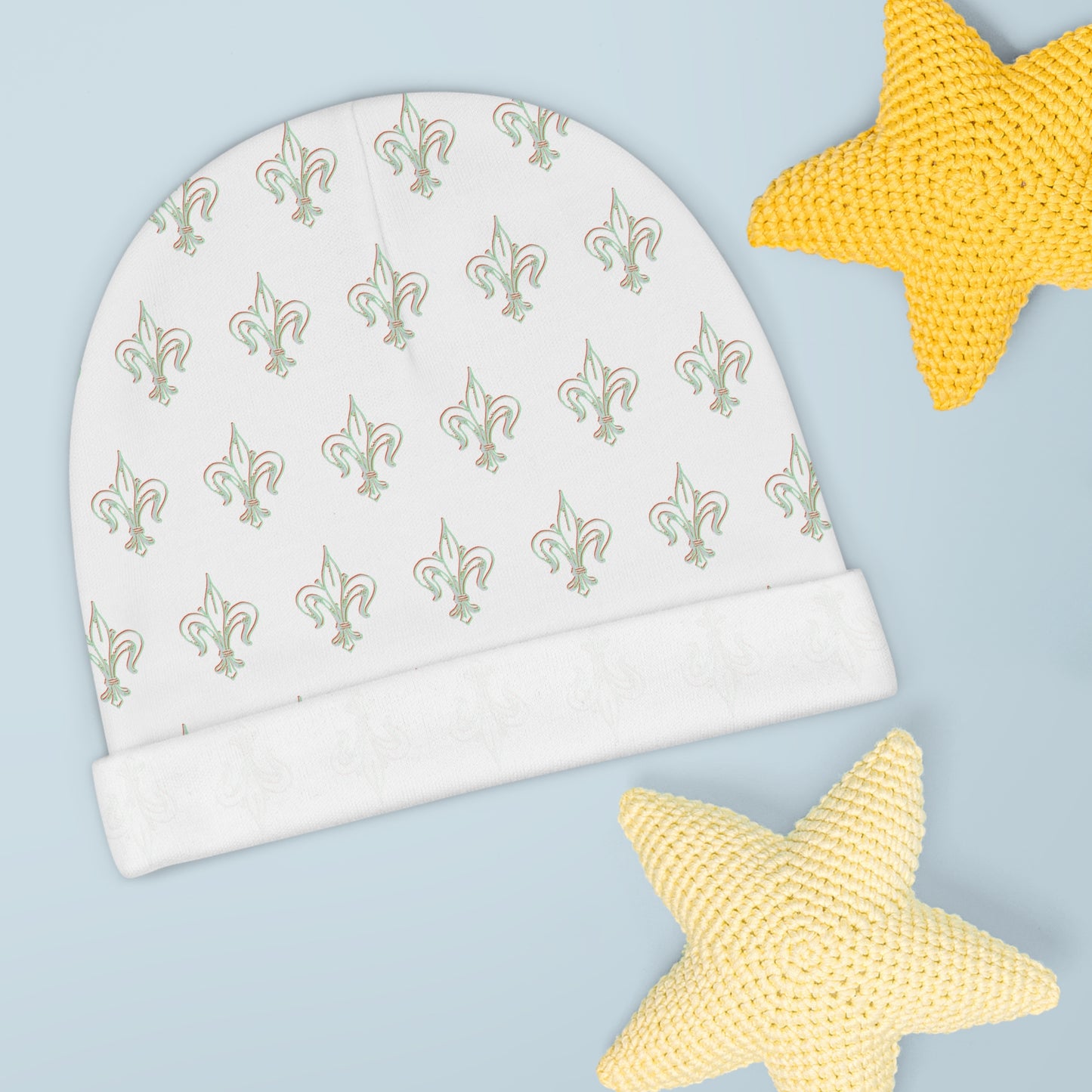 Gold Fleur-de-Lis Baby Beanie — Elegant Newborn Hat, Classic Pattern