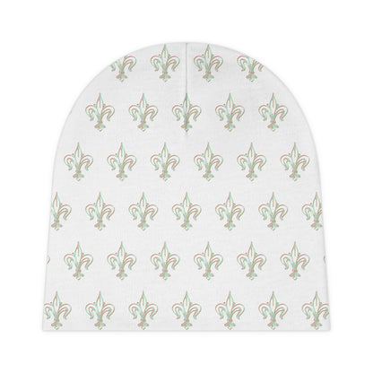 Gold Fleur-de-Lis Baby Beanie — Elegant Newborn Hat, Classic Pattern