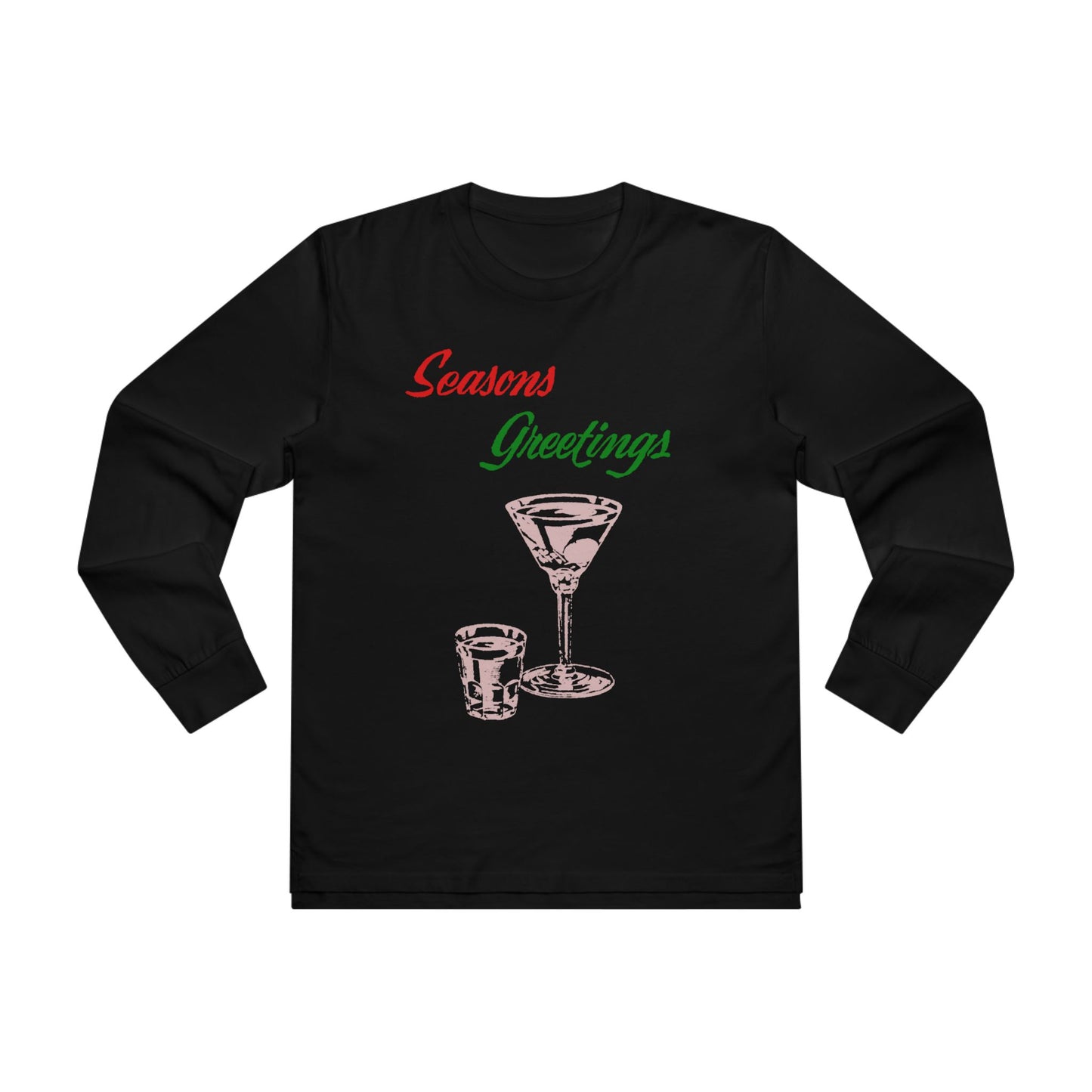 Men’s Long Sleeve Tee — "Seasons Greetings" Cocktail Holiday Shirt