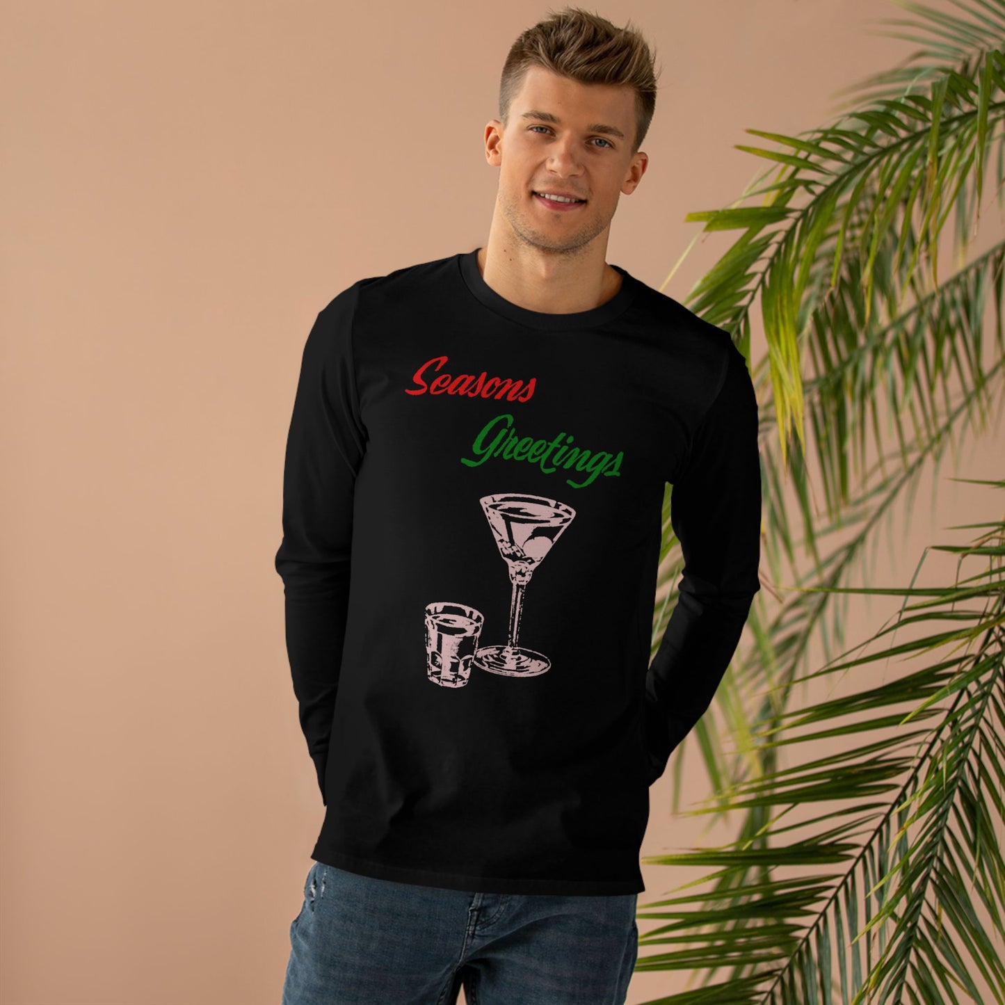 Men’s Long Sleeve Tee — "Seasons Greetings" Cocktail Holiday Shirt