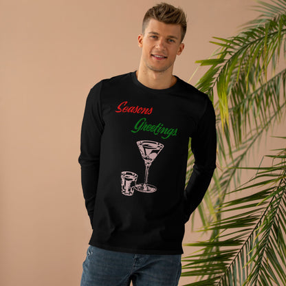 Men’s Long Sleeve Tee — "Seasons Greetings" Cocktail Holiday Shirt