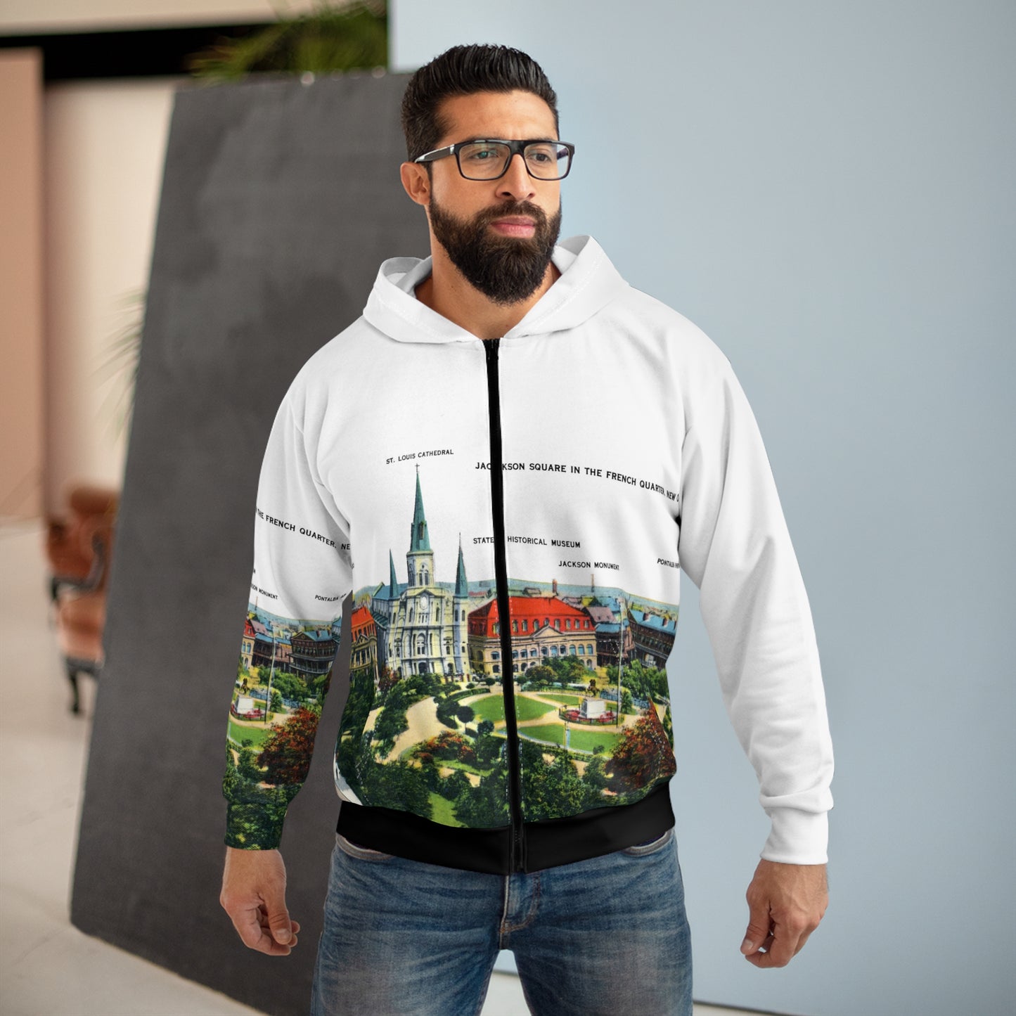 French Quarter New Orleans Zip Hoodie — Vintage Cityscape All-Over Print