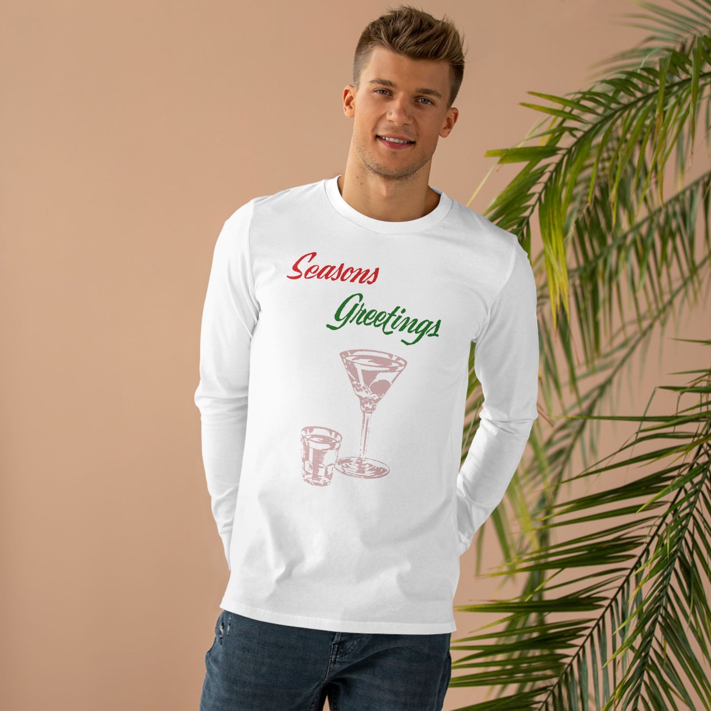 Men’s Long Sleeve Tee — "Seasons Greetings" Cocktail Holiday Shirt